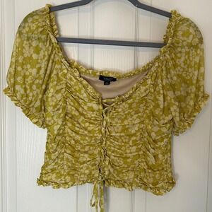 Willow Women's Yellow Floral Ruched Mesh Crop Top Blouse Size XL Cottage